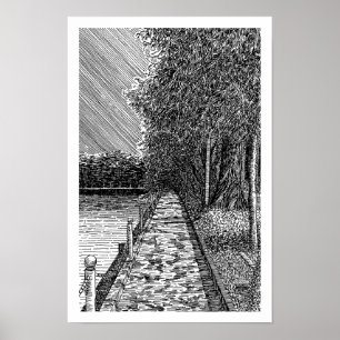 Monochrome Uferpromenade am See, Line Art Druck Poster