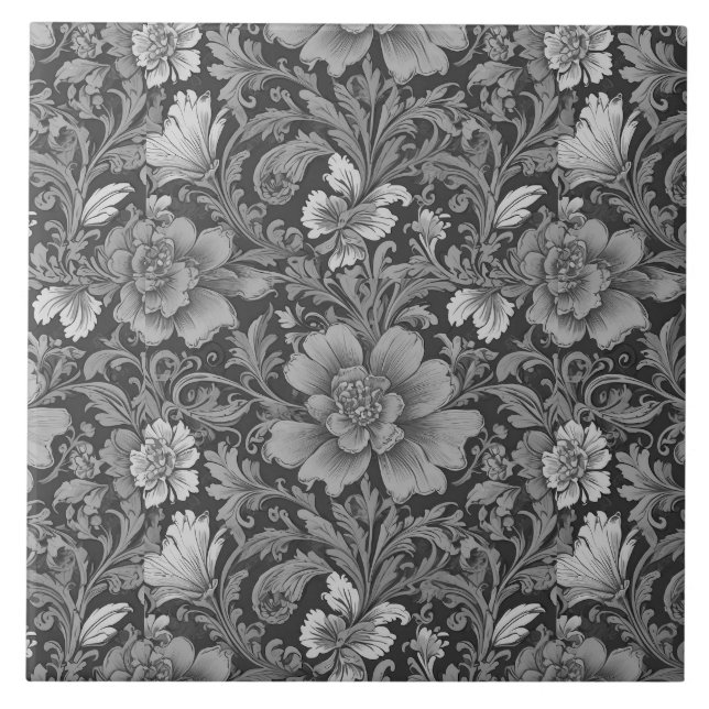 Monochrome Vintage Floral Pattern  Fliese (Vorderseite)