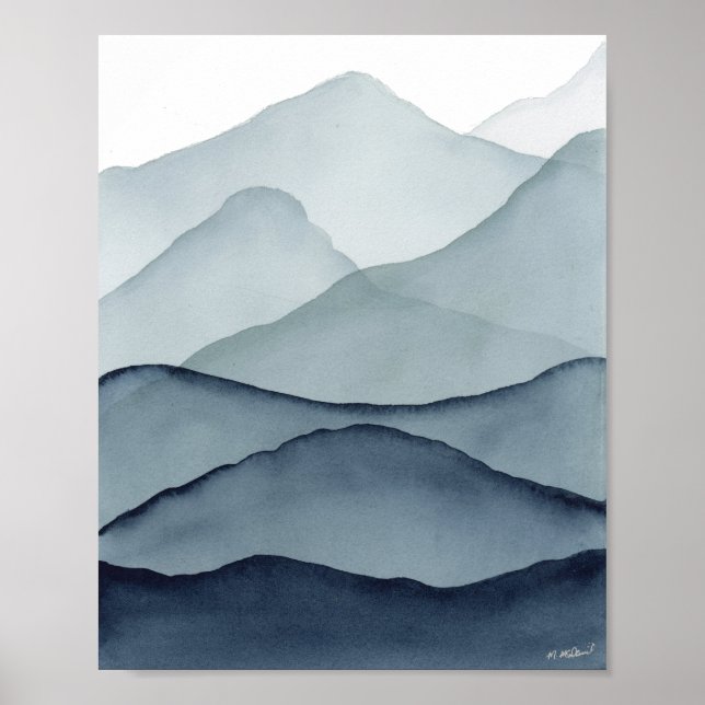 Monochrome Wasserfarben Berge Poster (Vorne)