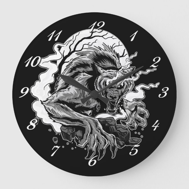 Monochrome Werewolf Moon Große Wanduhr (Vorderseite)