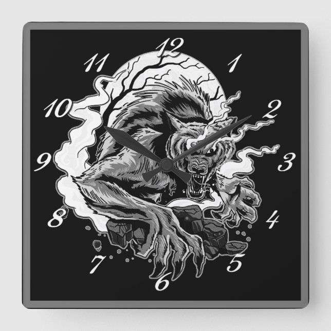 Monochrome Werewolf Moon Quadratische Wanduhr (Vorderseite)