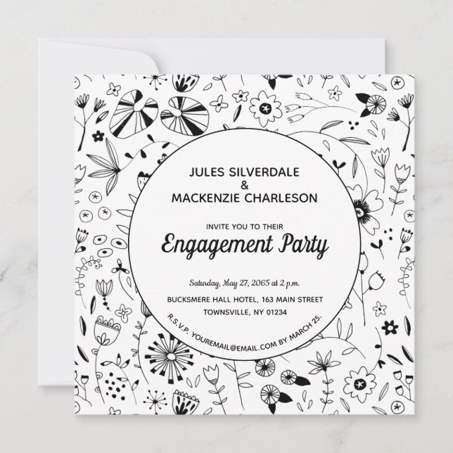 Monochrome Wild Blume Moderne Engagement Party Einladung (Vorderseite)