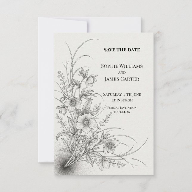 Monochrome Wildblumen-Hochzeit - Save The Date (Vorderseite)