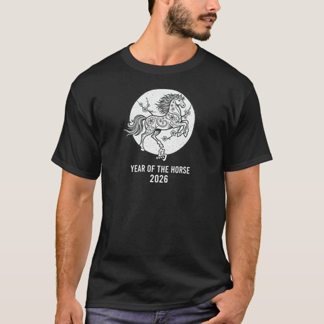 Monochrome Year of the Horse 2026 Line Art T-Shirt (Vorderseite)