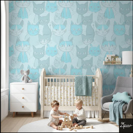 Monochromes Blaues MCM-Abstraktes Katzenmuster Tapete