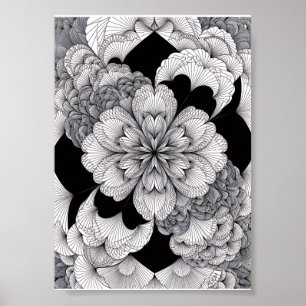 Monochromes Blumenmandala Elegant Schwarz und Weiß Poster