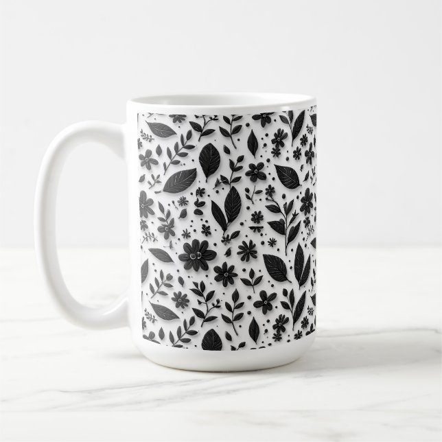 Monochromes Blumenmuster mit Blättern und Blüten Kaffeetasse (Links)