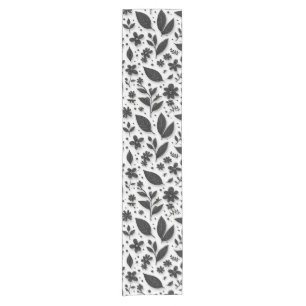 Monochromes Blumenmuster mit Blättern und Blüten Kurzer Tischläufer