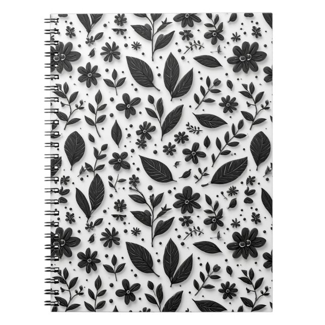 Monochromes Blumenmuster mit Blättern und Blüten Notizblock (Vorderseite)