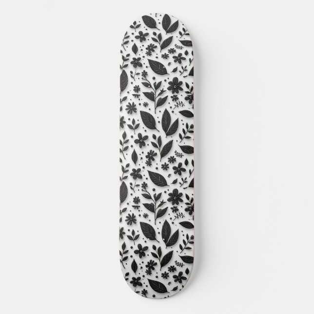 Monochromes Blumenmuster mit Blättern und Blüten Skateboard (Vorderseite)