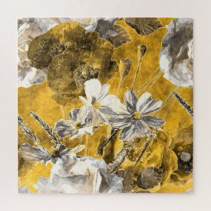 Monochromes florales Wasserfarben-Mohn-Muster Puzzle