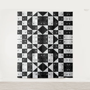 Monochromes Schachbrett- und Blumenglamour-Muster Wandteppich