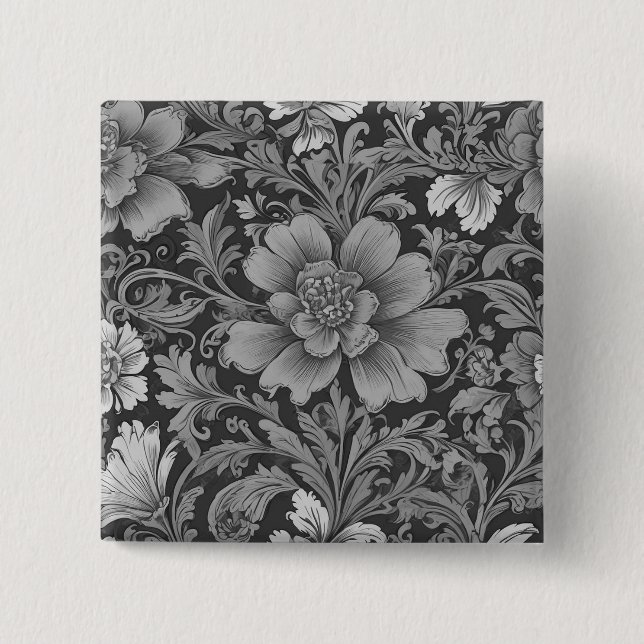 Monochromes Vintage-Blumenmuster  Button (Vorderseite)