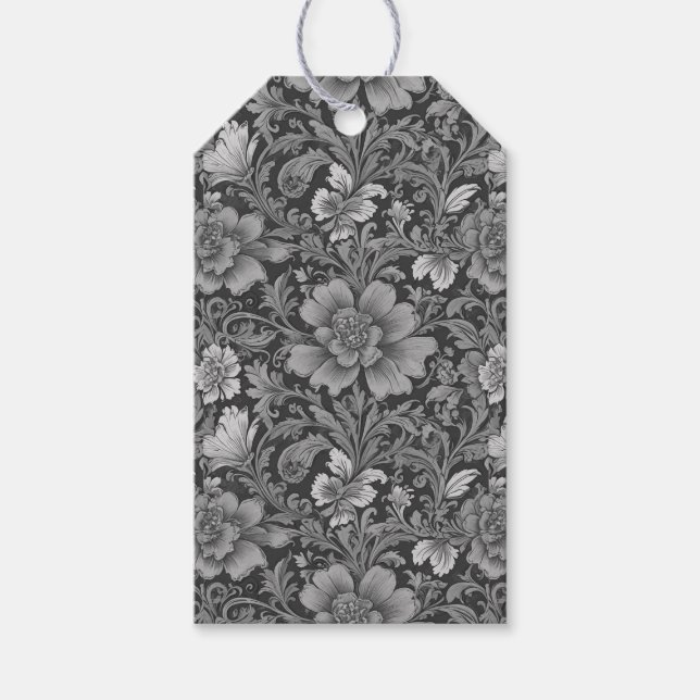 Monochromes Vintage-Blumenmuster  Geschenkanhänger (Vorderseite)
