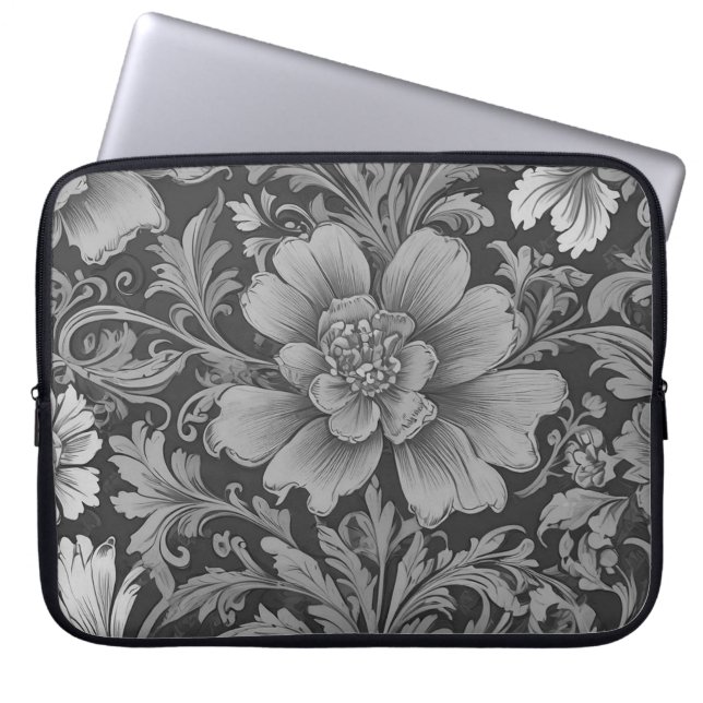 Monochromes Vintage-Blumenmuster  Laptopschutzhülle (Vorderseite)