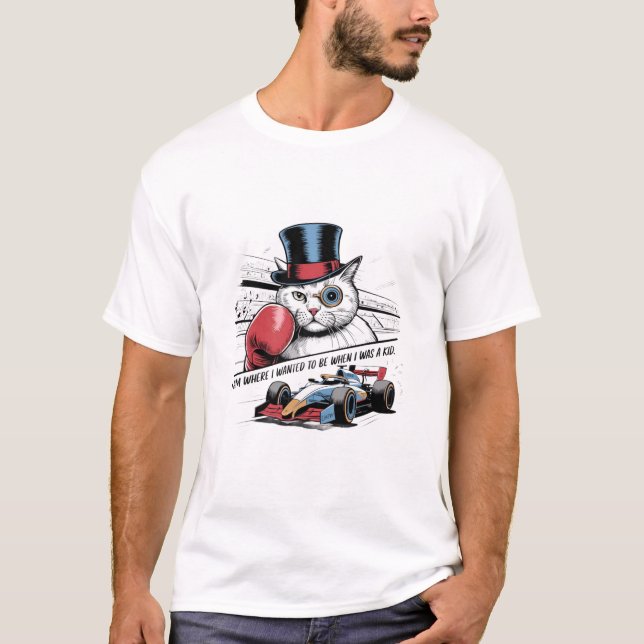 Monocle Cat with Boxing Glove & F1 Race Car Funny  T-Shirt (Vorderseite)