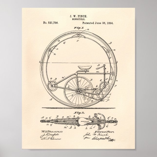 Monocycle 1894 Patent Art Old Peper Poster (Vorne)