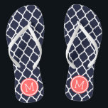 Monografie der marokkanischen Marine und Koralle Flip Flops<br><div class="desc">Maßgeschneiderte,  bedruckte Flop-Sandalen mit einem stilvollen marokkanischen Quartrefolienmuster und einem eigenen Monogramm oder einem anderen Text in einem Kreisrahmen. Klicken Sie auf Anpassen,  um Schriftart und Farben zu ändern oder eigene Bilder hinzuzufügen,  um ein einzigartiges Design zu erstellen!</div>