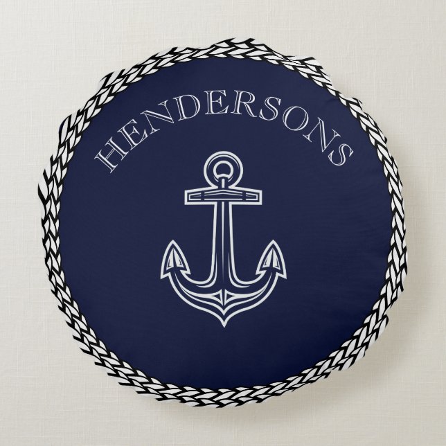 Monografie der Nautic Navy Blue Anchor Coastor Coa Rundes Kissen (Rückseite)