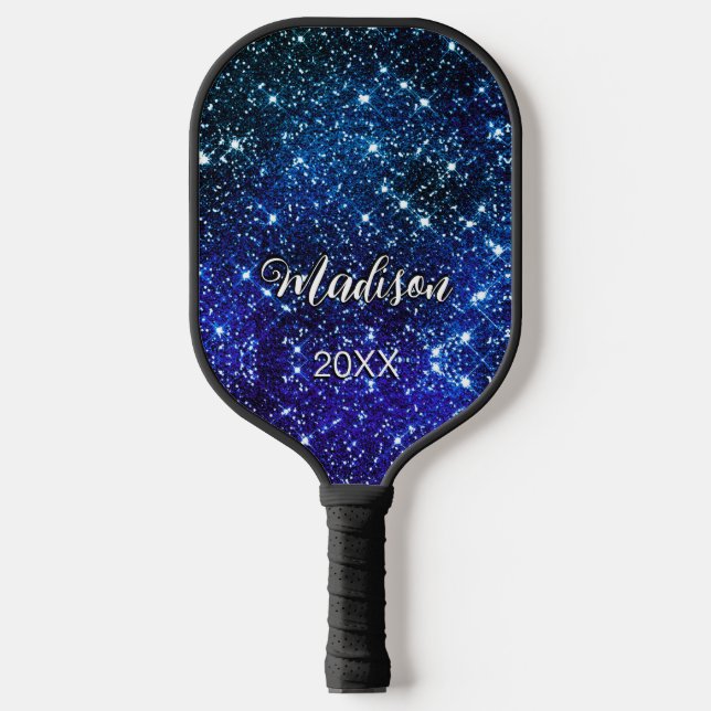 Monografie des blauen Glitzer Pickleball Schläger (Vorderseite)