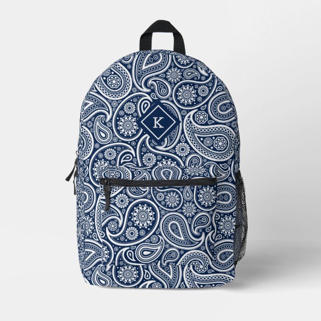 Monografie des Navy-Blue-Paisley-Musters Bedruckter Rucksack (Vorderseite)