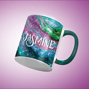 Monografie des schwach-grünen rosa Glitzer Tasse