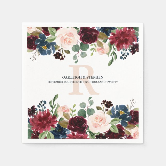 Monografische Hochzeit der Borgundy Pink Floral Serviette (Vorderseite)