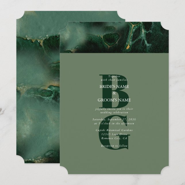Monografische Hochzeit der modernen grünen Marmorp Einladung (Vorne/Hinten)