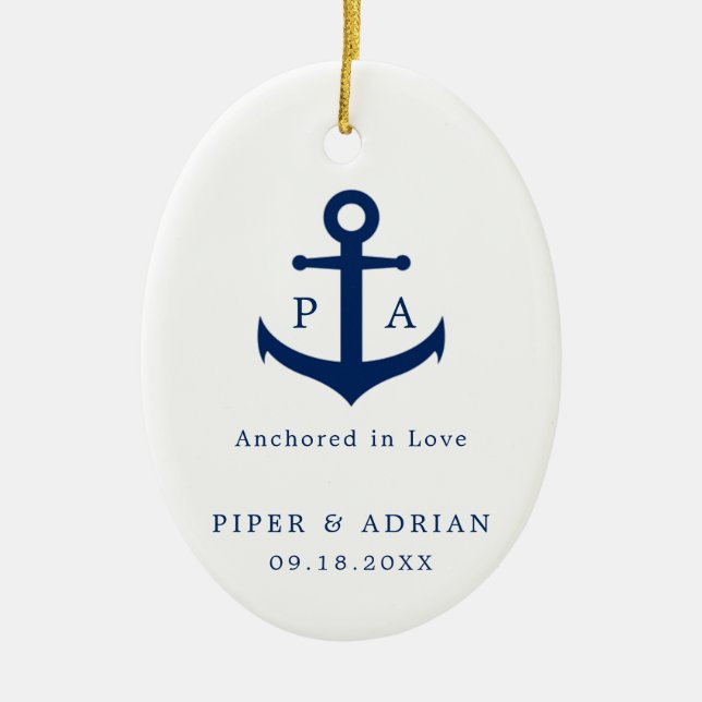 Monografische Hochzeit der Nautic Navy Blue Anchor Keramik Ornament (Vorne)