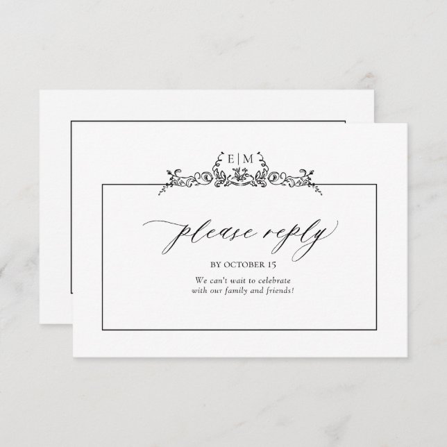 Monografische Hochzeit der Schwarz-Weiß-Blumenrind RSVP Karte (Vorne/Hinten)