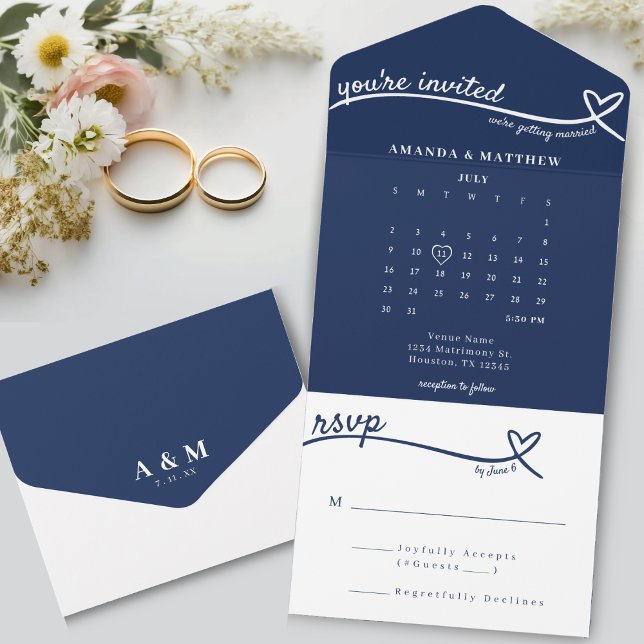 Monografische Hochzeit des Nautic Blue Heart Mongr All In One Einladung (Nautical Blue Heart Monogram Calendar Wedding All In One Invitation
)