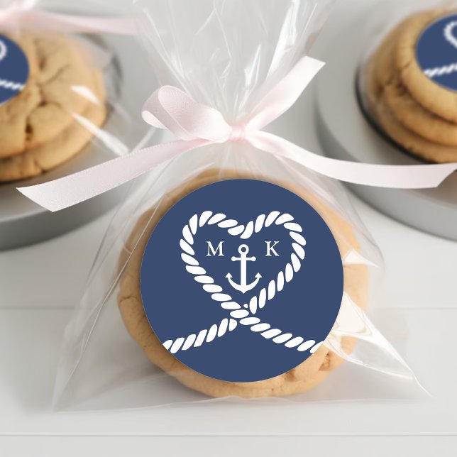 Monografische Hochzeit des Nautic Blue Rope Heart  Runder Aufkleber (Nautical Blue Rope Heart Anchor Monogram Wedding Classic Round Sticker
)