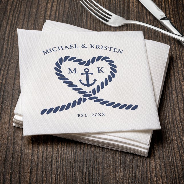 Monografische Hochzeit des Nautic Blue Rope Heart  Serviette (Nautical Blue Rope Heart Anchor Monogram Wedding Napkins
)