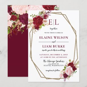 Monografische Hochzeit von Burgundy Blush Gold Flo Einladung