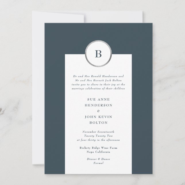 Monografische Hochzeit von Navy und Silver Foil Einladung (Vorderseite)