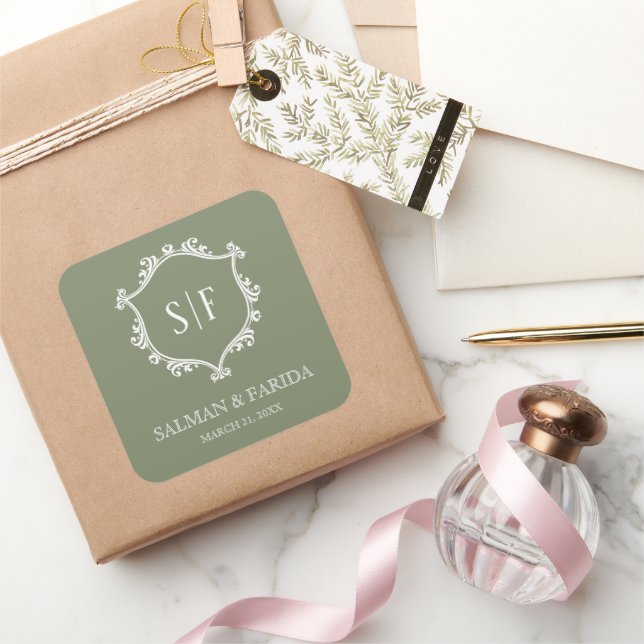 Monografische Hochzeit von Sage Green und White Wa Quadratischer Aufkleber (Schenken)