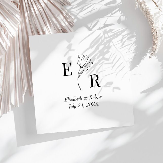 Monografische Hochzeit von Schwarz und Weiß Serviette (Black and White Floral Monogram Wedding Napkins on a sunny white wedding.)