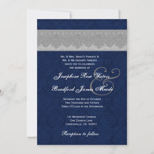 Monografische Hochzeit von Silber und Navy Damask Einladung (Vorderseite)