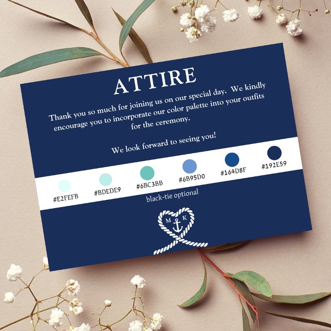 Monografische Hochzeitskleidung Begleitkarte (Nautical Blue Heart Rope Monogram Wedding Attire Enclosure Card)