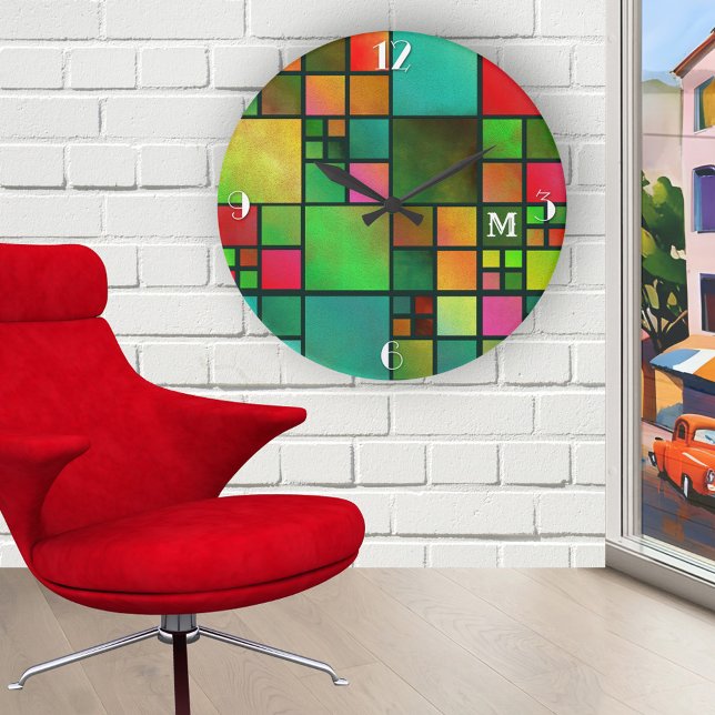 Monografische Wandleuchte des Mosaik Geometric Mus Runde Wanduhr (Artistic wall clock with a checkered tile pattern with a watercolor effect in a variety of colors)