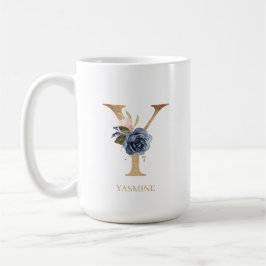 Monografischer Brief der Navy Blush Floral "Y" Per Kaffeetasse