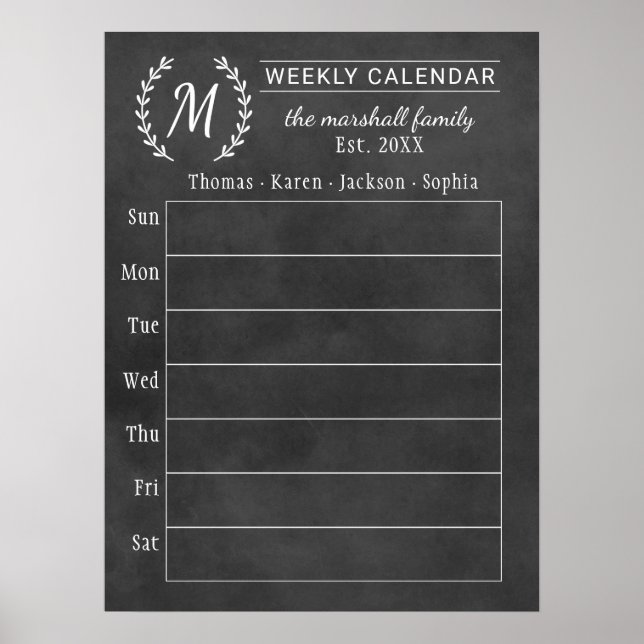 Monografischer Kalender der Chalkboard-Woche Poster (Vorne)