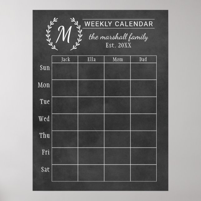 Monografischer Kalender der Chalkboard-Woche Poster (Vorne)