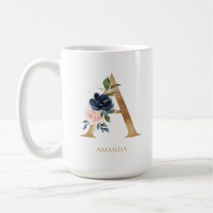 Monografischer Navy Blush Floral Letter "A" Person Kaffeetasse