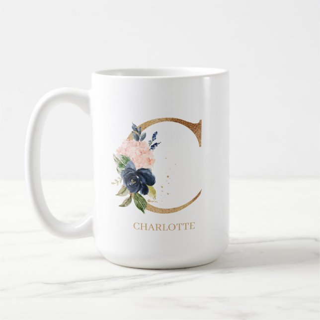 Monografischer Navy Blush Floral Letter "C" Person Kaffeetasse (Links)
