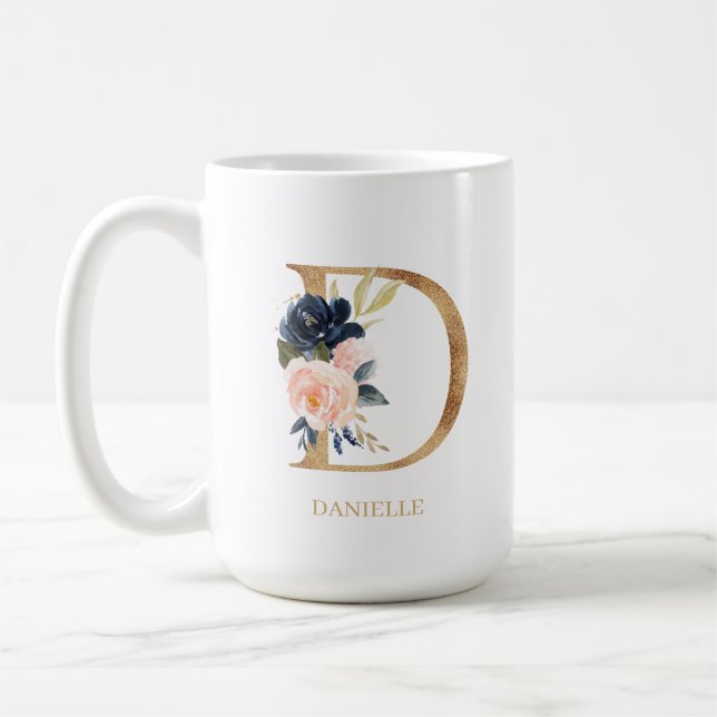 Monografischer Navy Blush Floral Letter "D" Person Kaffeetasse (Links)