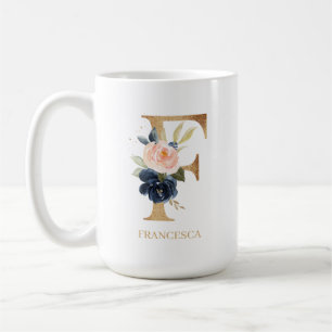 Monografischer Navy Blush Floral Letter "F" Person Kaffeetasse