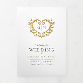 Monografisches Foto Goldbraun Hochzeitsprogramm Dreifach-gefaltete Programmkarte