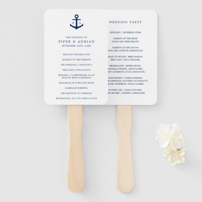 Monografisches Hochzeitsprogramm für Nautic Navy B Fächer (Vorne und Hinten)