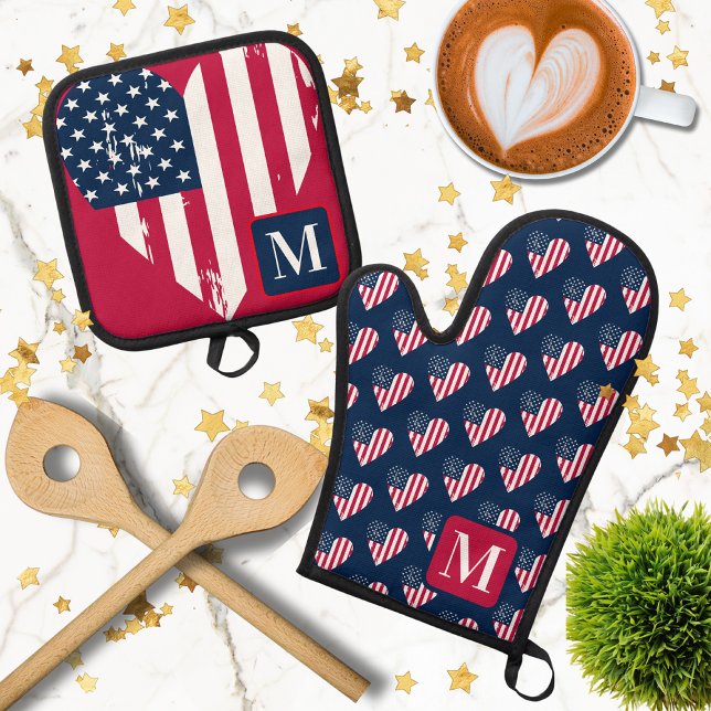 Monogram4th of July Independence Day Ofenhandschuh & Topflappen-Set (Von Creator hochgeladen)